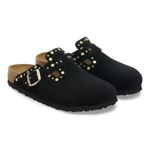 Birkenstock Shoes Boston Rivets Black Suede Leather Clogs